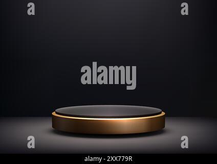 Luxury 3D Black Podium with Golden Rim, Elegant Display Platform on Dark Background, Minimalist and Sophisticated Design Illuminated by Spotlight for Stock Vector