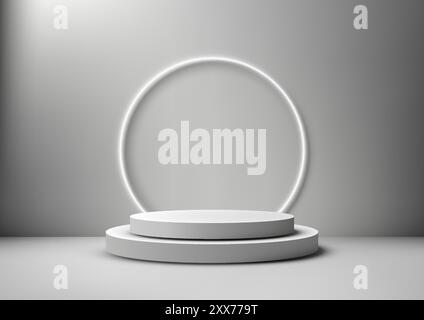 3D White Podium with Layers and Circular Light Frame, Modern and Minimalist Product Display for Clean Gray Background Stock Vector