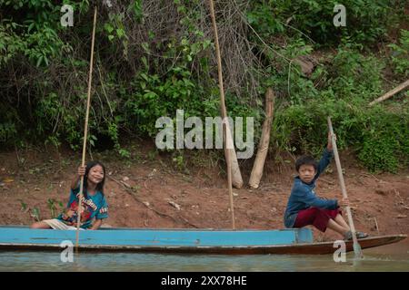 Kids on the Nam Ou River, Muang Khua, Laos Stock Photo