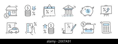 Loan interest rate doodle icon set. Hand drawn sketch doodle line style bank money loan interest rate icon for house, car discount percentage concept. Trendy cute element. Vector illustration Stock Vector