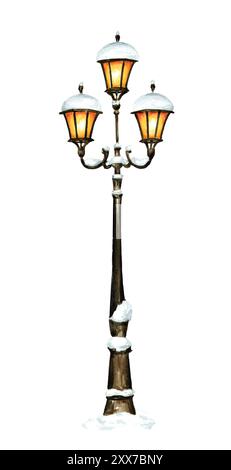 Forged iron elegant street lamp under the snow. Hand drawn watercolor illustration isolated on white background Stock Photo