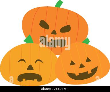 Pumpkin head set. Cute and scary Halloween pumpkin monster set. Holidays cartoon character in flat style collection. Stock Vector