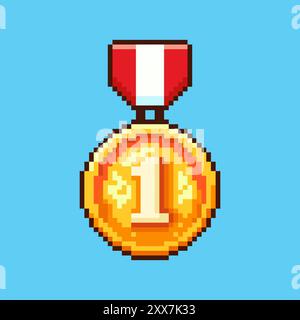 Vector Illustration of gold medal with Pixel Art Design, perfect for game assets themed designs Stock Vector