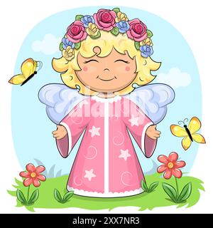 Cute cartoon angel with flower wreath in nature. Vector illustration of a girl on blue background. Stock Vector