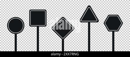 Set of round, square, rhombic, triangular and hexagonal black road signs. Vector illustration of icons for warning about the situation on the road. Tr Stock Vector