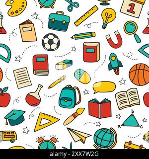 Back to school seamless pattern doodle style background. Education hand drawn objects and symbols icon. Stock Vector