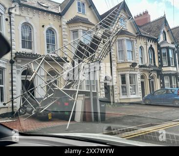 Photo taken with permission from the social media site X, formerly Twitter, posted by David Bailey of scaffolding that has been blown over in Rhyl, Wales, as storm Lilian hits the UK. Picture date: Friday August 23, 2024. Stock Photo