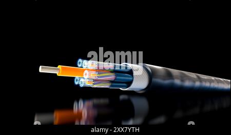 Fiber optic cable transmitting data on black background 3d Stock Photo