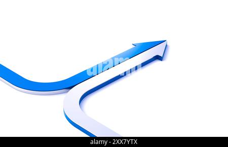 One blue arrow is overtaking a white arrow on white background 3d Stock Photo