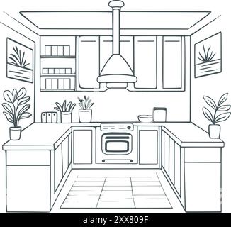 Abstract home kitchen interior simple hand drawn illustration. Kitchen room with cabinets, appliances, paintings, houseplants, carpet. Cooking room Stock Vector