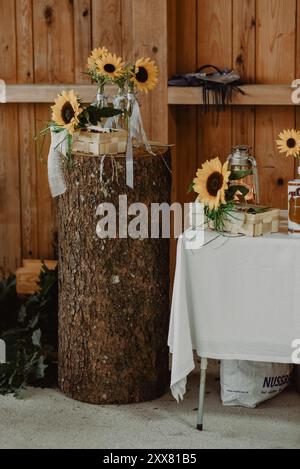 Sunflower decorations, wooden stump and table, rustic indoor setting Stock Photo
