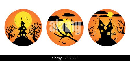 Witch or haunted houses silhouettes on the hill in a round shaped background. House, full moon, crow, bats and pumpkins. Halloween vector illustration Stock Vector