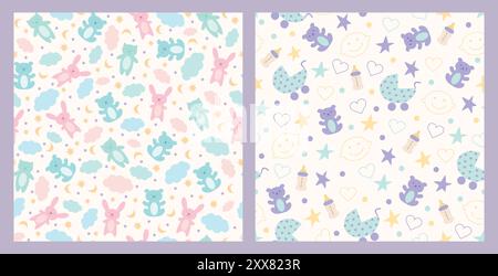 Baby seamless pattern for decoration, nursery, blankets, gifts, baby shower greetings. Cute teddy bears, cats and bunnies, stars and crescent Stock Vector