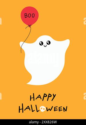Halloween greeting card with a cute ghost holding red balloon Boo and with hand lettering quote. Vector illustration Stock Vector