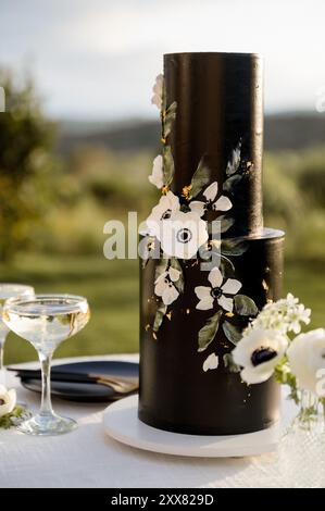 Dramatic Black modern wedding cake decorated with white flowers Stock Photo