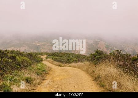 Winding dirt path through foggy hills Stock Photo
