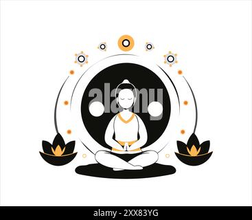 A peaceful vector illustration of Buddha meditating with a yin-yang symbol and lotus flowers. Perfect for designs focused on balance, spirituality, and mindfulness. Stock Vector