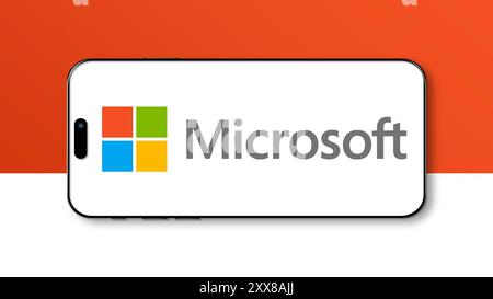 Istanbul, Turkey - 20 Aug 2024: Microsoft logo displayed on a smartphone screen. Microsoft is a tech company known for software like Windows and Offic Stock Photo