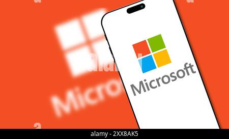 Istanbul, Turkey - 20 Aug 2024: Microsoft logo displayed on a smartphone screen. Microsoft is a tech company known for software like Windows and Offic Stock Photo