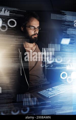 Young man, data and night with overlay on computer in future development, analytics or statistics at office. Male person or analyst working late on Stock Photo