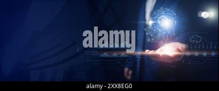 A businessman extends his hand, and a hologram of an artificial intelligence brain materializes above it. This image represents the integration of AI Stock Photo
