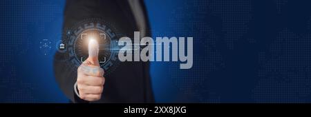 Businessman using fingerprint indentification to access personal financial data. Idea for E-kyc (electronic know your customer), biometrics security, Stock Photo