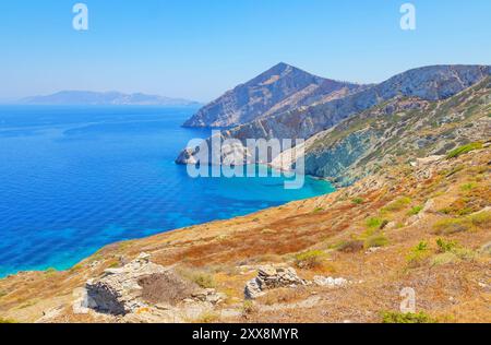 Greece, Cyclades Islands, Folegandros Island, View of Folegandros Island multicolored rocks coastline, Chora Stock Photo