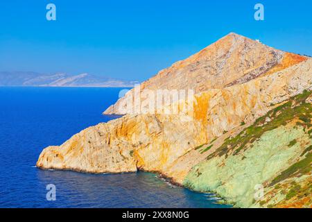 Greece, Cyclades Islands, Folegandros Island, View of Folegandros Island multicolored rocks coastline, Chora Stock Photo