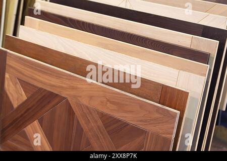 Various samples of modern parquet in a building store. Industry Stock Photo