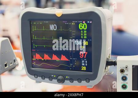 Heart rate monitor in a hospital theater. Medical device for monitoring vital signs in the hospital on the monitor of anesthesia surgery. ECG patient Stock Photo