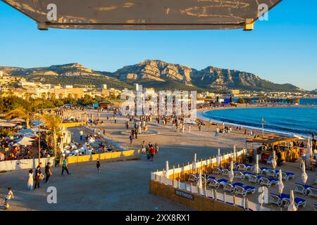 France, Bouches du Rhone, Marseille, Prado beaches, Bonneveine beach, Music Festival, concert at sunset on the beach, aerial view from the Grande Roue Stock Photo