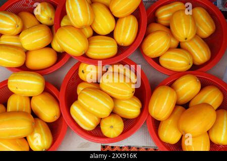 Korean food at Nambu Market in Jeonju, South Korea. Chamoe Korean yellow melon. Stock Photo