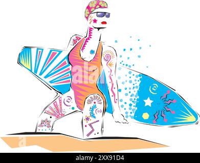 Summer sport design with surfing symbols flat vector illustration Stock Vector