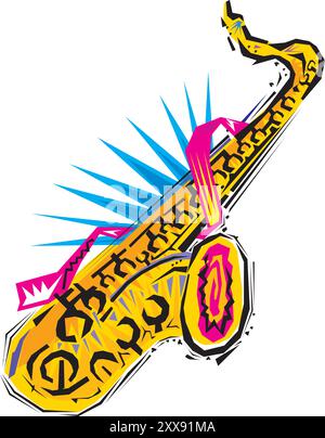 Golden saxophone on white background in cartoon style isolated vector Stock Vector