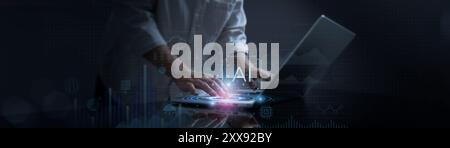 Data Scientists. Man programmer using laptop to analyze and develop various information about futuristic virtual interface. AI, Algorithm. marketing a Stock Photo