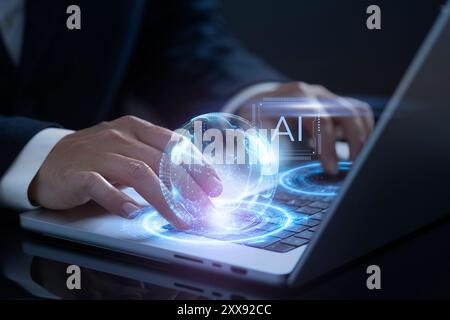 The laptop screen displays a futuristic AI interface with sophisticated data visualization and analytical tools. The AI ​​interface is interactive and Stock Photo