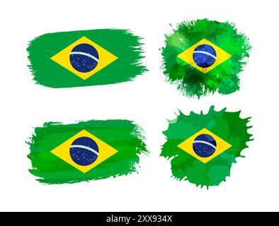 Brazil flag icons set in grunge style. Isolated staines with Brazillian flag and clipping mask. Clip art collection. Creative template with abstract Stock Vector