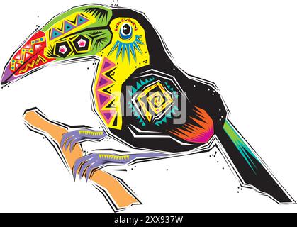 A large toucan toko sits on a branch. Bright vector illustration of tropical toucan bird isolated on white background. Stock vector. Stock Vector