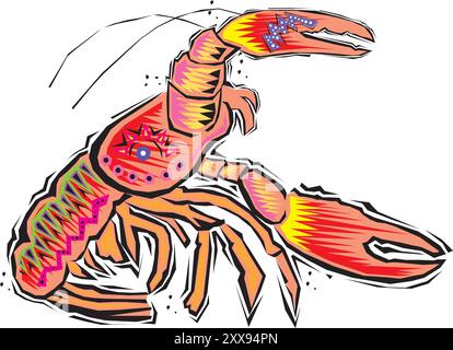 Lobster vector illustration. Cartoon isolated red crawfish, whole underwater crayfish with claws and tail, sea crustacean animal and exotic luxury lob Stock Vector