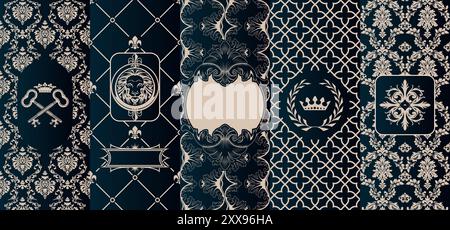 Set of luxury covers with frames, vintage style patterns for splendour gifts packaging, vip goods and products wrapping design, vector Stock Vector