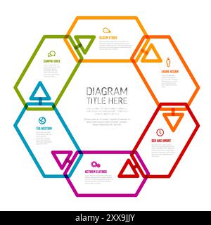 Six content hexagon shapes with arrows in one big cycle multipurpose infographic on white background with sample content, titles ans simple icons. Cyc Stock Vector