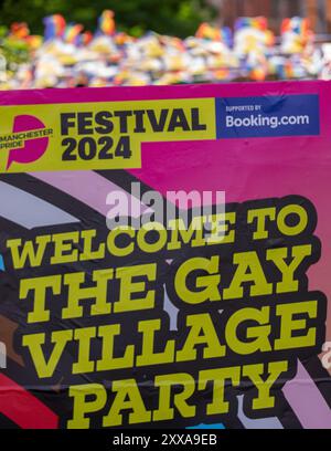 Sign for Manchester Pride 2024. Storm Lilian fails to hamper the start of Manchester pride as early arrivals mingle with preparations to tie down bunting in the Canal street area. Manchester Pride 2024 . This year's theme is 'Buzzin To Be Queer - A Hive of Progress' and organisers say they hope it will 'unite the people of Manchester' under the symbol of the Manchester Bee. Headline performances from Jessie J, Loreen, Sugababes, Rita Ora and The Greatest Showman star Keala Settle. Manchester's first Pride Parade was held on 20 February 1988, when a huge anti-Section 28 protest was held in the Stock Photo