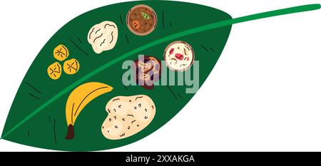 onam festival food on banana leaf Stock Vector