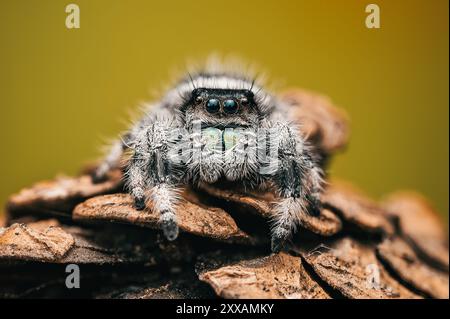 A detailed macro shot of a jumping spider (Salticidae) set against a yellow blurred background. The spider's features are clearly visible in this clos Stock Photo