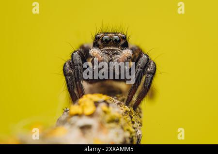 A detailed macro shot of a jumping spider (Salticidae) set against a yellow blurred background. The spider's features are clearly visible in this clos Stock Photo