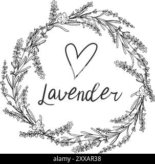 Lavender doodle crown circle flowers branch wreath. Floral vintage hand drawn isolated outline black silhouette frame for design with heart shape in c Stock Vector