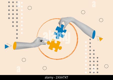 Woman hands holding puzzle pieces inside an orange circle  on a beige background Stock Photo