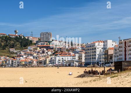 coastal town the village of Nazare is a Portuguese municipality. Beaches on the Atlantic Ocean gives its name to the Nazaré canyon. Portugal, Europe. Stock Photo