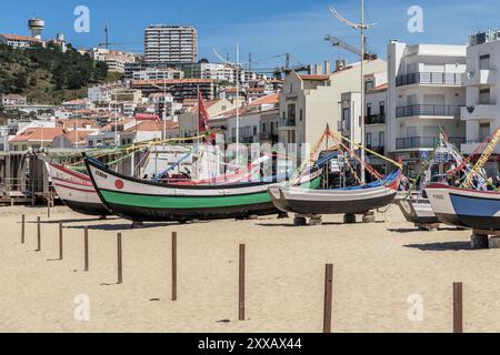 coastal town the village of Nazare is a Portuguese municipality. Beaches on the Atlantic Ocean gives its name to the Nazaré canyon. Portugal, Europe. Stock Photo