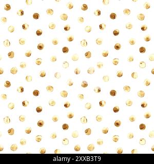 Abstract polka dots confetti seamless pattern. Hand drawn irregular golden glittering circles on white background. Glitter texture. Print for textile, Stock Photo
